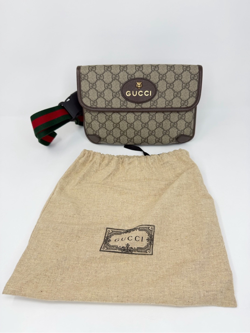 Gucci Beige GG Supreme Canvas Belt Bag with Brown Trim and Green-Red Strap